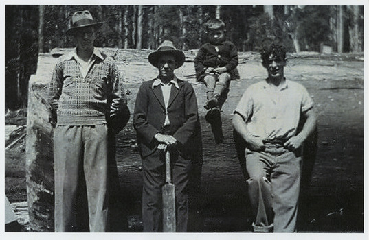 A copy of a black and white photograph of some of the timber workers at Anderson's No. 1 Mill at Marysville. The original photograph was taken in 1933.