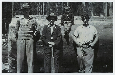 A copy of a black and white photograph of some of the timber workers at Anderson's No. 1 Mill at Marysville. The original photograph was taken in 1933.