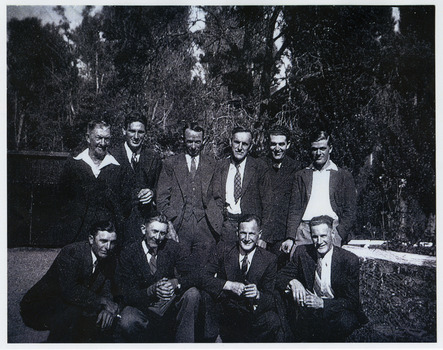 A copy of a black and white photograph of Anderson's No. 2 Mill employees. Anderson's No. 1 Mill was first established in the mid 1930s but was destroyed in the 1939 Black Friday bushfires. It was then rebuilt and named the Anderson's No. 2 Mill. The original photograph was taken, possibly, in the early 1940s.