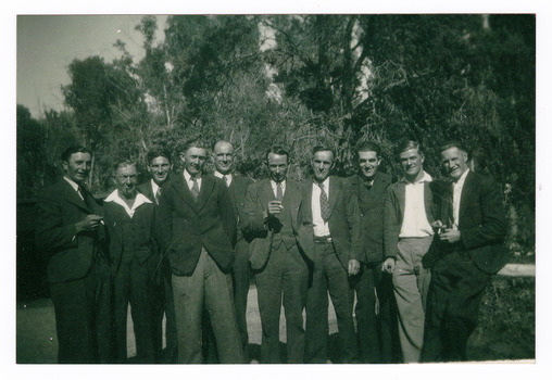 A copy of a black and white photograph of some of the men who worked at the Andersons No. 1 Mill near Marysville.