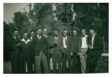 A copy of a black and white photograph of some of the men who worked at the Andersons No. 1 Mill near Marysville.
