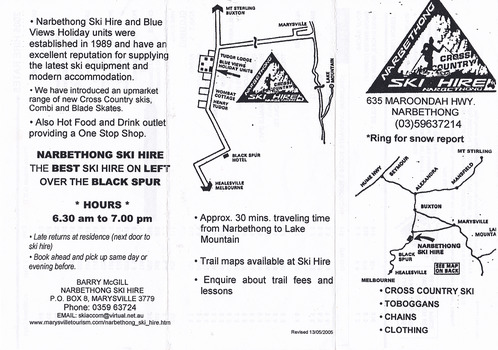 Shows an advertising brochure for Narbethong Ski Hire in Victoria. Front shows a map indicating the location of the ski hire shop within the district with the logo for the shop above. Reverse shows goods and services available at the shop as well as the opening hours. Also shows a map indicating the location of the shop within Narbethong. Inside fold out shows a list of clothes and equipment available for hire and the cost of such, postal address and telephone numbers. 