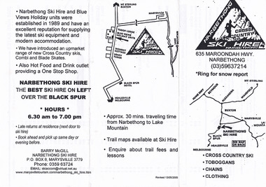 Shows an advertising brochure for Narbethong Ski Hire in Victoria. Front shows a map indicating the location of the ski hire shop within the district with the logo for the shop above. Reverse shows goods and services available at the shop as well as the opening hours. Also shows a map indicating the location of the shop within Narbethong. Inside fold out shows a list of clothes and equipment available for hire and the cost of such, postal address and telephone numbers. 