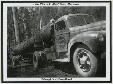 A black and white photograph of David Cairns International truck hauling logs on a timber jinker.