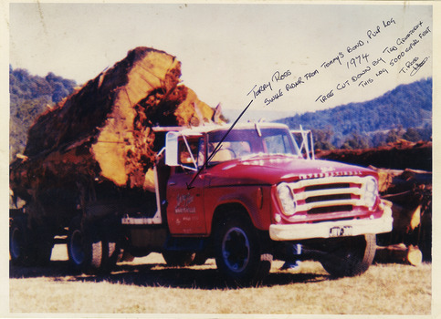 A colour photograph taken of a truck owned by Terry Ross loaded with a large log from a tree that was cut down by Ted Greatorex at Tommy's Bend in 1974.