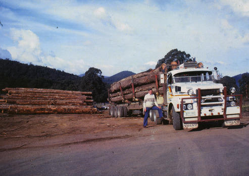 A colour photograph of David Bantick standing next to his Volvo log truck in the Gould's log yard in Marysville. The photograph was taken in the 1970s.