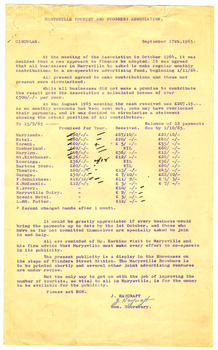 Shows a circular that was sent on September 17th, 1965 to members of the Marysville Tourist and Progress Association requesting assistance in raising funds to assist in the promotion of tourism in the district.