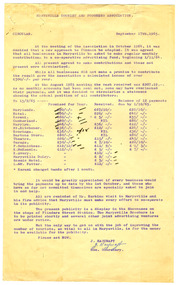 Shows a circular that was sent on September 17th, 1965 to members of the Marysville Tourist and Progress Association requesting assistance in raising funds to assist in the promotion of tourism in the district.