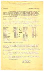 Shows a circular that was sent on September 17th, 1965 to members of the Marysville Tourist and Progress Association requesting assistance in raising funds to assist in the promotion of tourism in the district.
