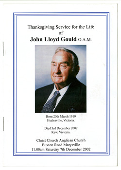 A copy of the order of service booklet from the funeral service of John Lloyd Gould that was held in Marysville on December 7th 2002.