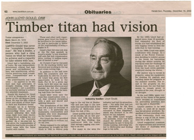 The obituary for John Lloyd Gould O.A.M. which appeared in the Herald Sun on December 19, 2002.