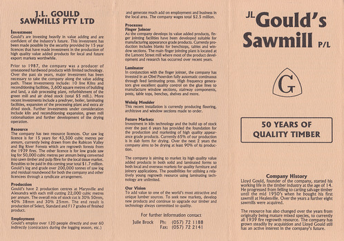 A brochure outlining the history, investments, equipment and processes of and in use at Lloyd Gould's sawmill in Marysville.