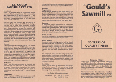 A brochure outlining the history, investments, equipment and processes of and in use at Lloyd Gould's sawmill in Marysville.