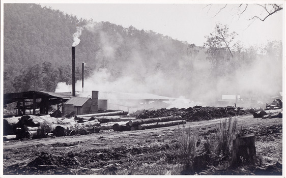 A black and white photograph of the buildings and log piles at J.L. Goulds Sawmill in Marysville.