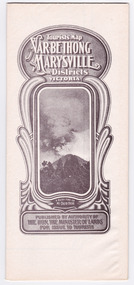 Shows a tourist map for the Narbethong and Marysville Districts that was produced by the Department of Lands and Survey. Shows a map of the region with information on each of the destinations and their surrounds. Front cover has a photograph of a bush fire on Mount Dom Dom.