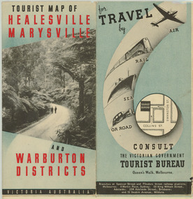 Shows a tourist brochure for Healesville, Marysville and Warburton and their surrounds. Front cover shows a photograph taken along the Black Spur. Back cover shows details of the various branches of the Victorian Govenrment Tourist Bureau. Inside is a map of the area covered by the brochure.