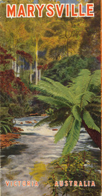 Shows an tourist information brochure that was issued by the Publicity and Tourist Services of Victorian Railways, in January, 1941, to promote Marysville and the surrounding district. The front cover shows a painting of a river flowing through a forest. Back cover shows information regarding Marysville and the surrounding district and attractions. Also shows information on the Victorian Government Tourist Bureau.
