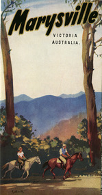 Shows an tourist information brochure that was issued by the Publicity and Tourist Services of Victorian Railways, in January, 1941, to promote Marysville and the surrounding district. The front cover shows a painting of two people on horseback riding down a road through a forest. Back cover shows information regarding Marysville and the surrounding district and attractions. Also shows information on the Victorian Government Tourist Bureau.