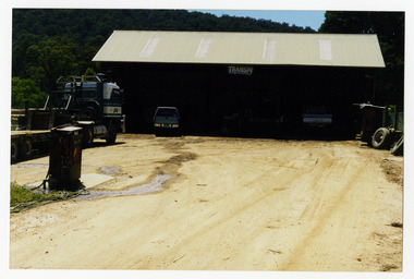 A colour photograph taken of the truck shed at J.L. Goulds Sawmill in Sunds Road, Marysville.
