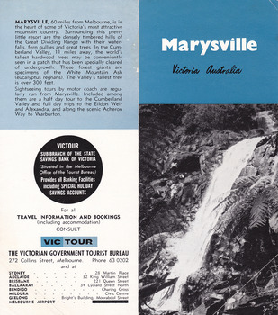 Shows a tourist brochure showing showing informaton for travelling to Marysville from Melbourne and accommodation venues in Marysville. Front cover shows a photograph taken from a lookout overlooking Marysville. Back cover shows some information about Marysville and the surrounds. Inside cover lists days, times and fares to travel by a road service between Melbourne and Marysville. Also shows a list of accommodation venues, their tariffs and the facilities they offer. Also information about Lake Mountain and the availability of transport to the mountain.