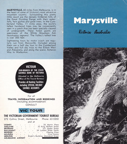 Shows a tourist brochure showing showing informaton for travelling to Marysville from Melbourne and accommodation venues in Marysville. Front cover shows a photograph taken from a lookout overlooking Marysville. Back cover shows some information about Marysville and the surrounds. Inside cover lists days, times and fares to travel by a road service between Melbourne and Marysville. Also shows a list of accommodation venues, their tariffs and the facilities they offer. Also information about Lake Mountain and the availability of transport to the mountain.