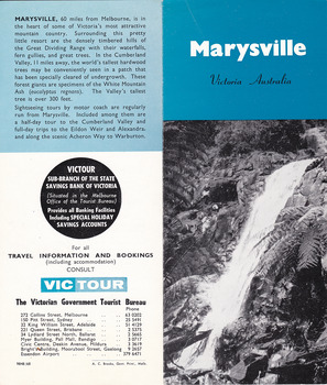Shows a tourist brochure showing showing informaton for travelling to Marysville from Melbourne and accommodation venues in Marysville. Front cover shows a photograph taken from a lookout overlooking Marysville. Back cover shows some information about Marysville and the surrounds. Inside cover lists days, times and fares to travel by a road service between Melbourne and Marysville. Also shows a list of accommodation venues, their tariffs and the facilities they offer. Also information about Lake Mountain and the availability of transport to the mountain.