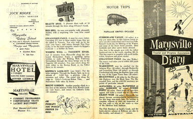 hows a programme of events taking place in January, 1963, published by the Marysville Tourist and Progress Association. Also shows advertisements for a variety of business and services in Marysville. Shows a list of popular drives and walks in area.
