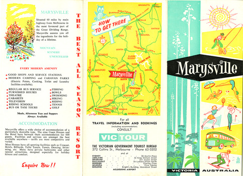 Shows an information brochure regarding Marysville and the surrounding district. Gives a list of popular drives in the area as well as a list of walks that can be undertaken in and around Marysville. Shows a map of the area and a list of amenities available along with accommodation choices. Also lists information regarding the Victorian Government Tourist Bureau offices in other locations apart from Melbourne.