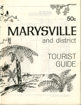 Shows a tourist guide outlining services, accommodation, activites and places of interest to visit in and around Marysville and the local district.