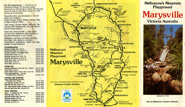 Shows a fold out tourist guide for Marysville and the surrounding district. Shows a photograph of Steavenson Falls and a map of the area surrounding Marysville. Shows a list of activities and various business and services that are available to visitors to the area.