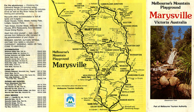 Shows a fold out tourist guide for Marysville and the surrounding district. Shows a photograph of Steavenson Falls and a map of the area surrounding Marysville. Shows a list of activities and various business and services that are available to visitors to the area.