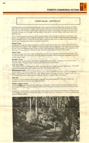 An information flyer that was produced as a guide to the forest walks in and near Marysville by the Forests Commission of Victoria. On the reverse of the flyer is a map showing the location of the walks.