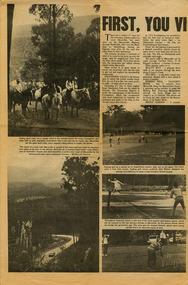 Shows a newspaper article on Marysville and some of the attractions in an around the town. Shows photographs of people horseriding, playing golf, tennis and croquet. Shows a photograph of a car travelling along a road with mountains in the background. Shows a photograph of Steavenson Falls, a photograph of the F.J. Barton Bridge at the entrance to town and a photograph of some tree ferns in the forest.