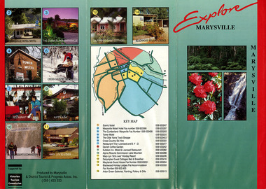 An information brochure with photographs and locations of various accommodation sites and businesses in Marysville as well as activities to experience in and around Marysville.