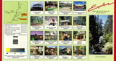 An information brochure with photographs of various accommodation sites and businesses in Marysville as well as activities to experience in and around Marysville.
