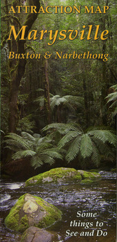 An information brochure on Marysville, Buxton and Narbethong and some of the attractions in the region. Shows a map of the region with the location of the various attractions. Shows a series of photographs and information of each of the attractions featured in the brochure.
