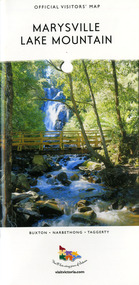 A visitors' map of Marysville and Lake Mountain produced by Visit Victoria. Front cover shows a photograph of Steavenson Falls in Marysville. Reverse cover shows photographs and information for Lake Mountain.