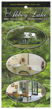 Front shows three photographs of one of the cottages and its surrounds including the interior and exterior of the cottage. Reverse shows a small map on the route to follow from Melbourne along with information regarding the cottages, hosts, telephone numbers, email and website addresses.