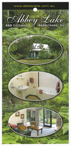 Front shows three photographs of one of the cottages and its surrounds including the interior and exterior of the cottage. Reverse shows a small map on the route to follow from Melbourne along with information regarding the cottages, hosts, telephone numbers, email and website addresses.
