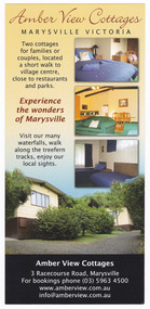 Front shows a series of photographs of the interior and exterior of the cottages. Also shows the address, telephone number, email and website addresses. Reverse shows information about what is available in the cottage with a small map of the township of Marysville.