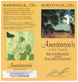 Shows an information brochure for Anastasia's Cottages in Marysville. Front shows a photograph of one of the cottages. Inside of the brochure shows two photographs of some of the interior of the cottage with a short synopsis of the cottages and local birdlife and activities. Shows also a photograph of a river and a person cross country skiing at Lake Mountain with a short synopsis on the activites that can be undertaken in the area during each of the four seasons. Reverse shows information regarding the journey to Marysville from Melbourne with a small map of the region. Also shows contact information for the cottages.