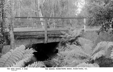 Shows a wooden bridge over a creek. The bridge is surrounded by bushland.