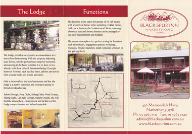 Shows an information brochure regarding the Black Spur Inn in Narbethong. Front shows a photograph of the front entrance to the inn as well as contact details for the Inn. Middle shows photographs of the interior and exterior of the Inn. Reverse shows information regarding The Lodge at the Inn as well as a small map of the journey from Healesville to the Inn.
