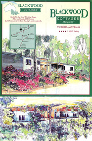 Shows an information brochure regarding Blackwood Cottages in Marysville. Front shows an illustration of one of the cottages. Middle shows information regarding the available facilites at the cottages as well as some of the attractions to be seen in and around Marysville. Reverse shows a small map of the route from Melbourne to Marysville and Lake Mountain.