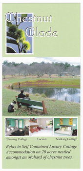 An information flyer regarding accommodation at Chestnut Glade in Narbethong. Front shows a photograph of a lake on the property and three photograph of the interior of the two cottages. Reverse shows more photographs of the interiors of the cottages as well a few of the features of the cottages. Also shows a small map of the location of the cottages as well as contact details for the cottages. 