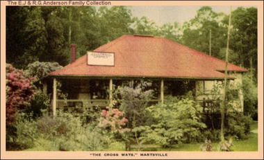 A digital copy of a colour tinted postcard of The Crossways Cabaret in Marysville from the E.J. and R.G. Anderson Family Collection.