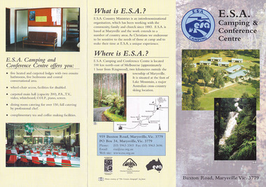 An information brochure regarding the E.S.A. Camping and Conference Centre in Marysville.