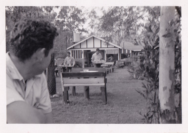 A black and white photograph taken at the Fruit Salad Farm in Marysville in 1958.