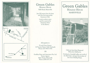 An information brochure regarding Green Gables Holiday House in Marysville.