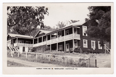 A black and white photograph of Greenlands guest house in Marysville that was produced by Murray Views as a souvenir of Marysville.